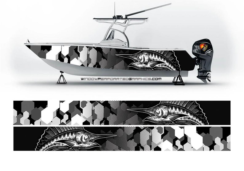 Fishing Boat Trailer - Camo Zwart En Wit Marlijn Vis